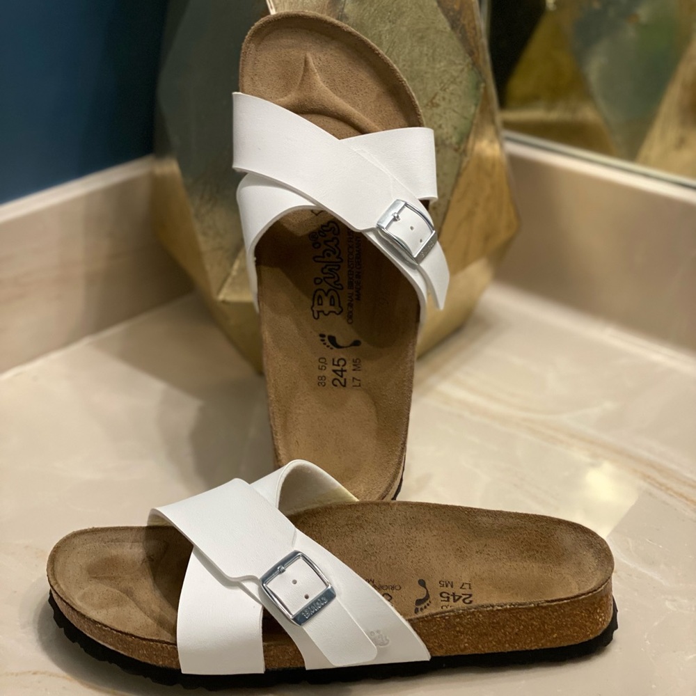 Birkenstock Birkis White Leather Cross Strap Slide Sandals Size 7 Euro 38